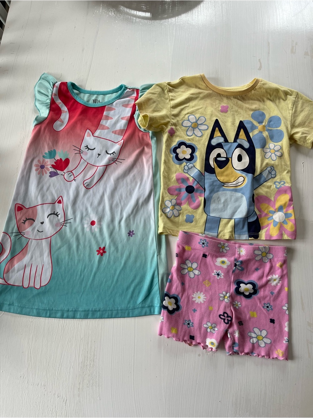 Kids Pajama Set - Blue Cat Nightgown & Yellow Bluey Tee with Pink Floral Shorts